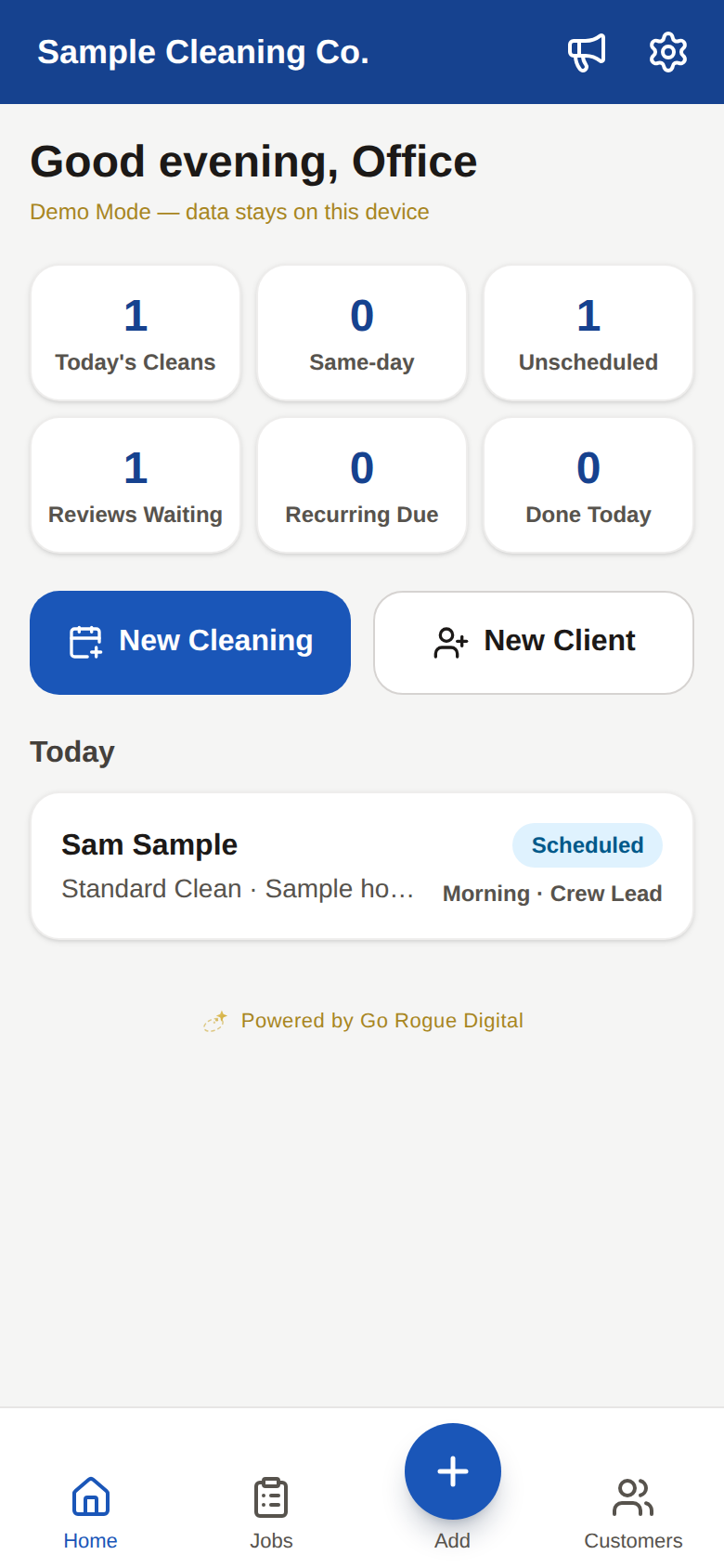 Sample Cleaning Co. demo: home screen