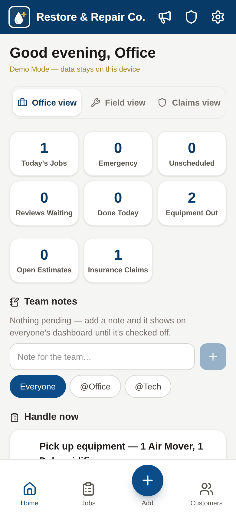 The Restore & Repair Co. demo home screen running in Demo Mode with sample data