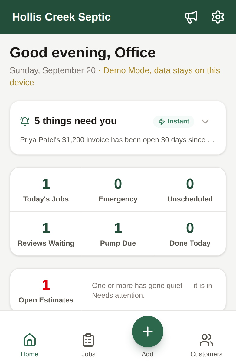 Hollis Creek Septic demo: home screen