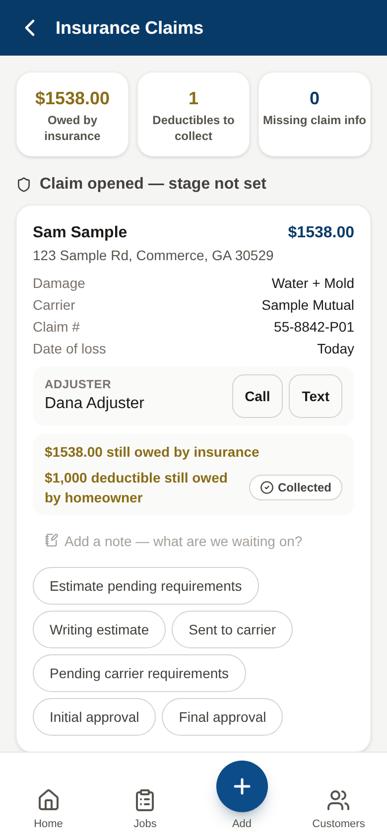 The Insurance Claims screen in Rogue Core: Restore: owed by insurance, deductibles to collect, the adjuster with Call and Text on the card, and the carrier stage chips
