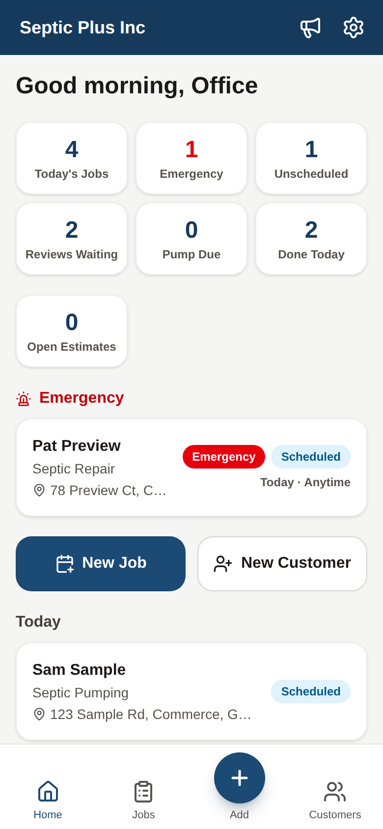 Septic Plus Inc's real dashboard: today's jobs, emergencies, unscheduled work, reviews waiting