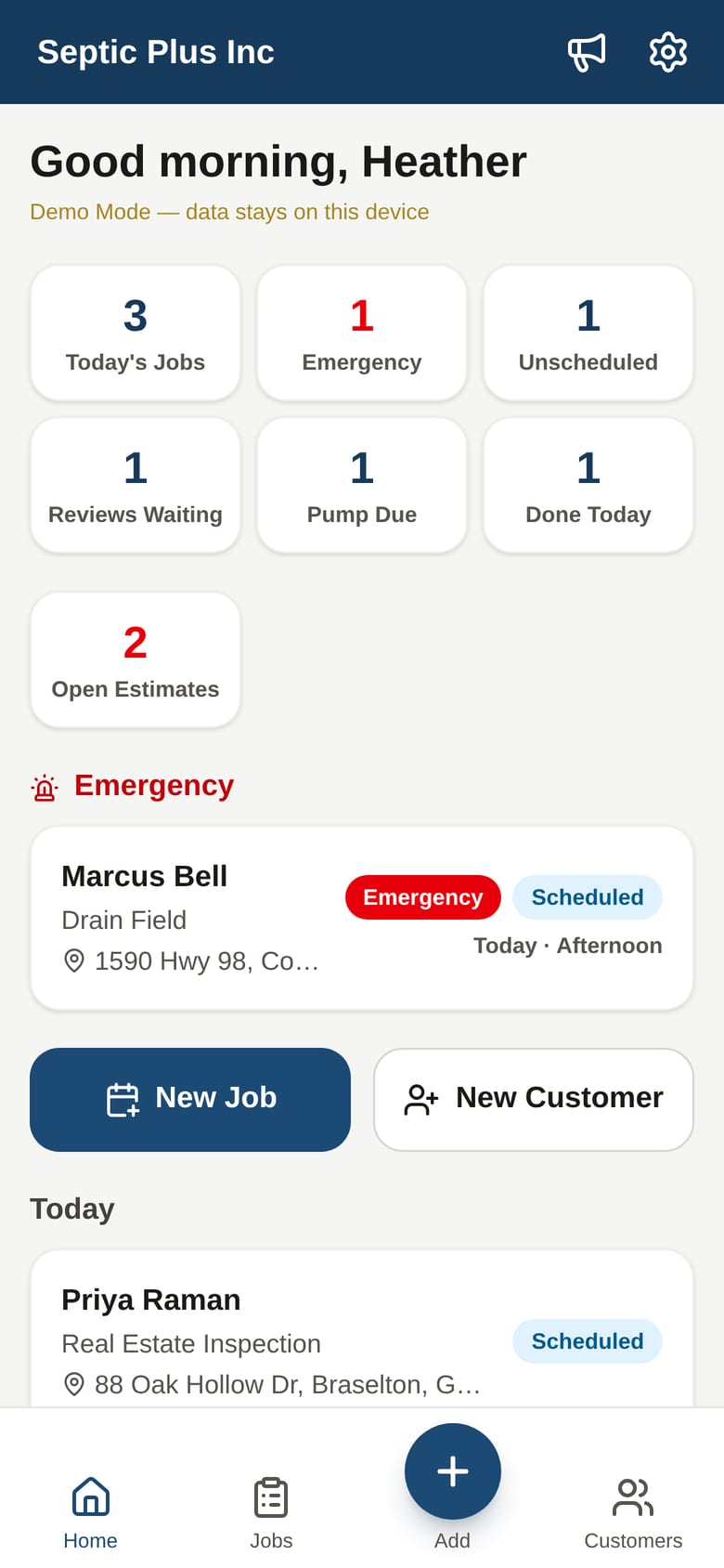 Today's jobs, the emergency, reviews waiting, pump-outs due, open estimates — each tile is a list you can act on.