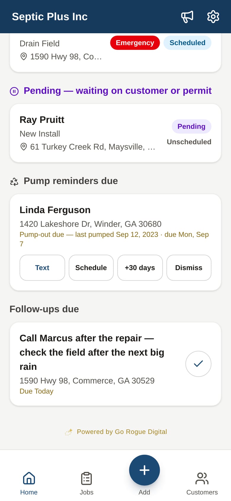 Text, schedule, snooze thirty days, or dismiss. A sent reminder leaves the screen and resurfaces if nobody answers.
