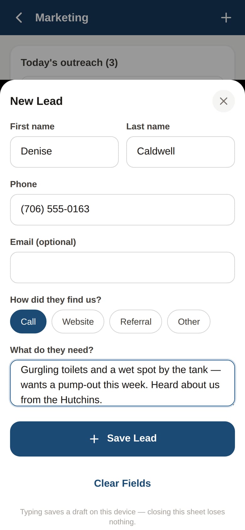 Name, number, what they need. If the number already belongs to a customer, it tells you before you type another word.