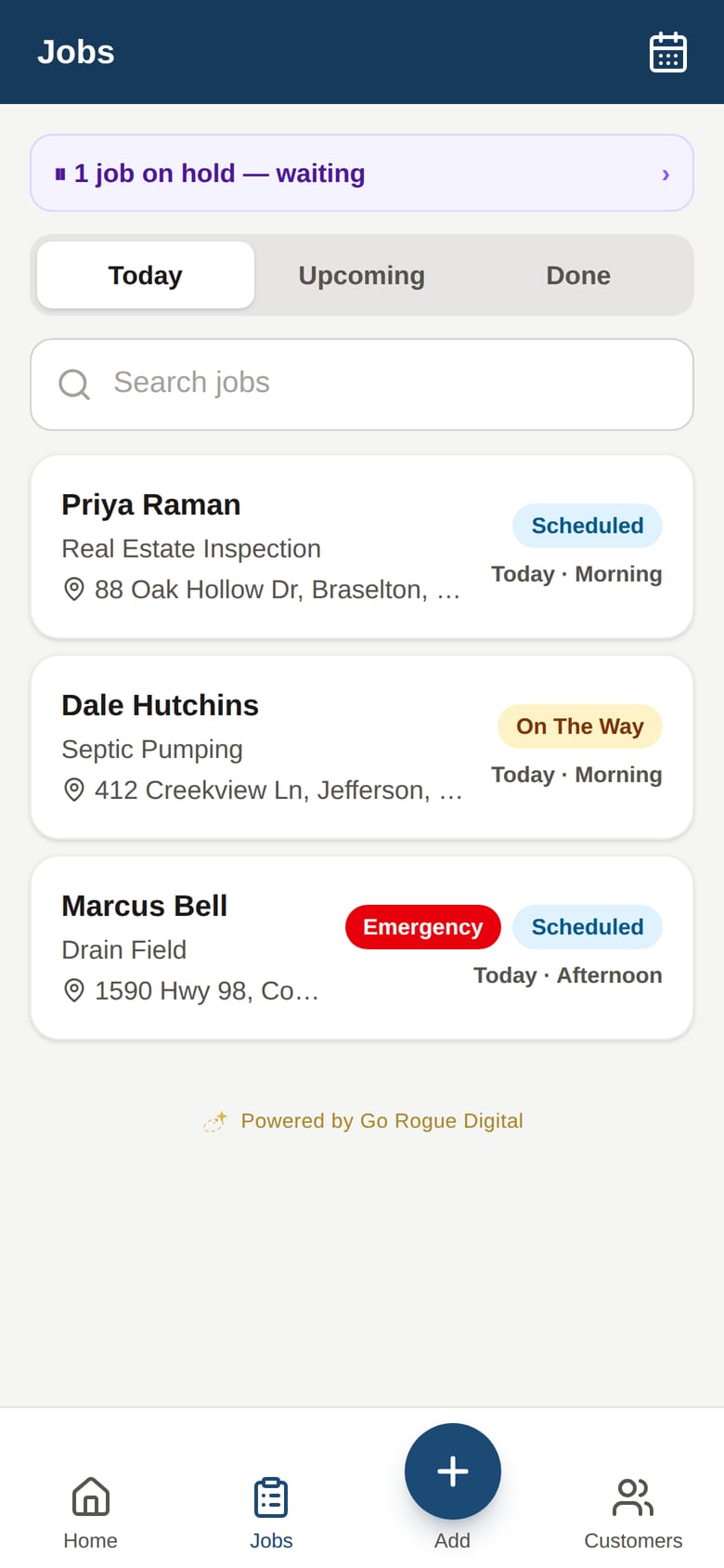 The jobs list with search, and the on-hold job pinned so a permit never gets forgotten.