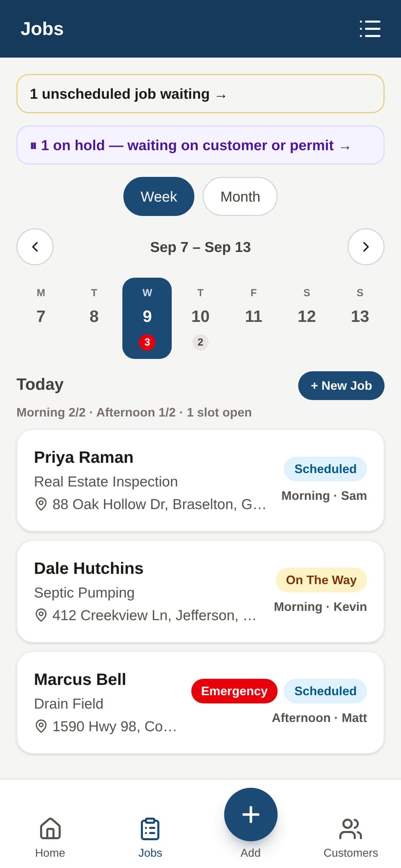 Morning 2/2, afternoon 1/2, one slot open. The unscheduled job and the one on hold for a permit stay pinned at the top.