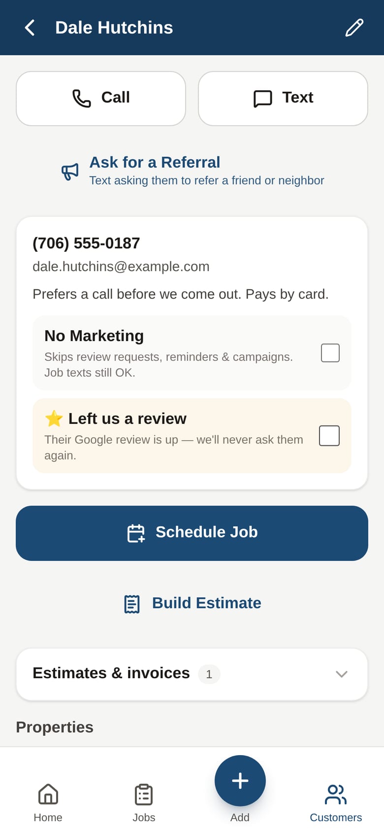 No Marketing and Left us a review are switches on the customer, so the app stops asking the people who shouldn’t be asked.