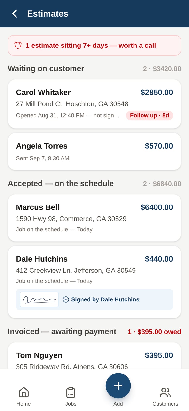 Waiting, accepted, invoiced, paid — with totals — and a flag on the quote that has sat for nine days. Worth a call.