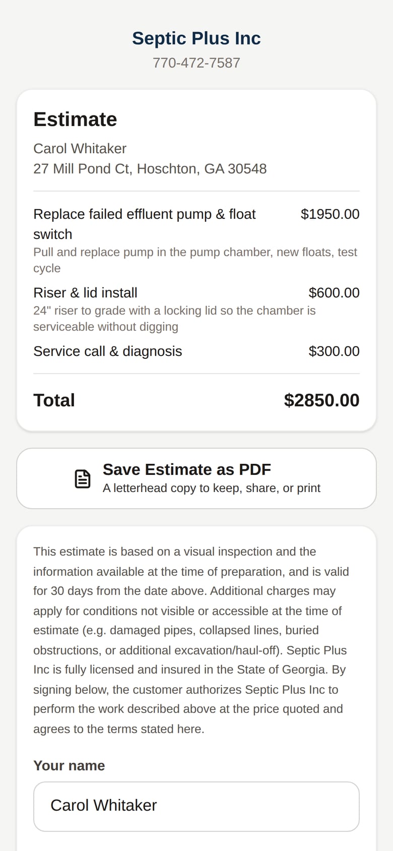 The estimate, the terms, a place to sign. No login, no app to install.