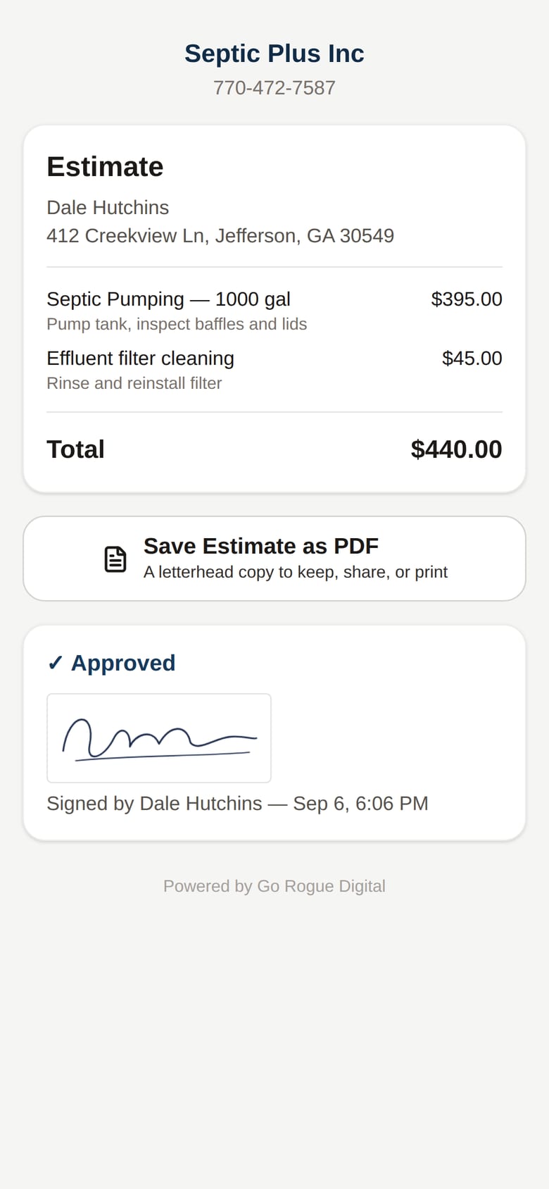 The signature lands on the estimate, the pipeline moves to Accepted, and the customer can save the letterhead PDF.
