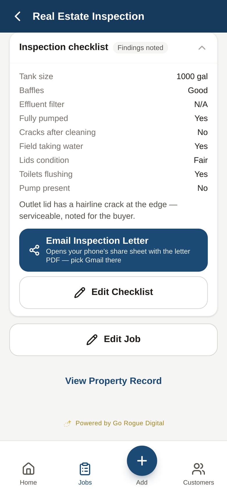 A checklist on the job becomes the observation letter — the same complete letter whether the buyer or the seller ordered it.