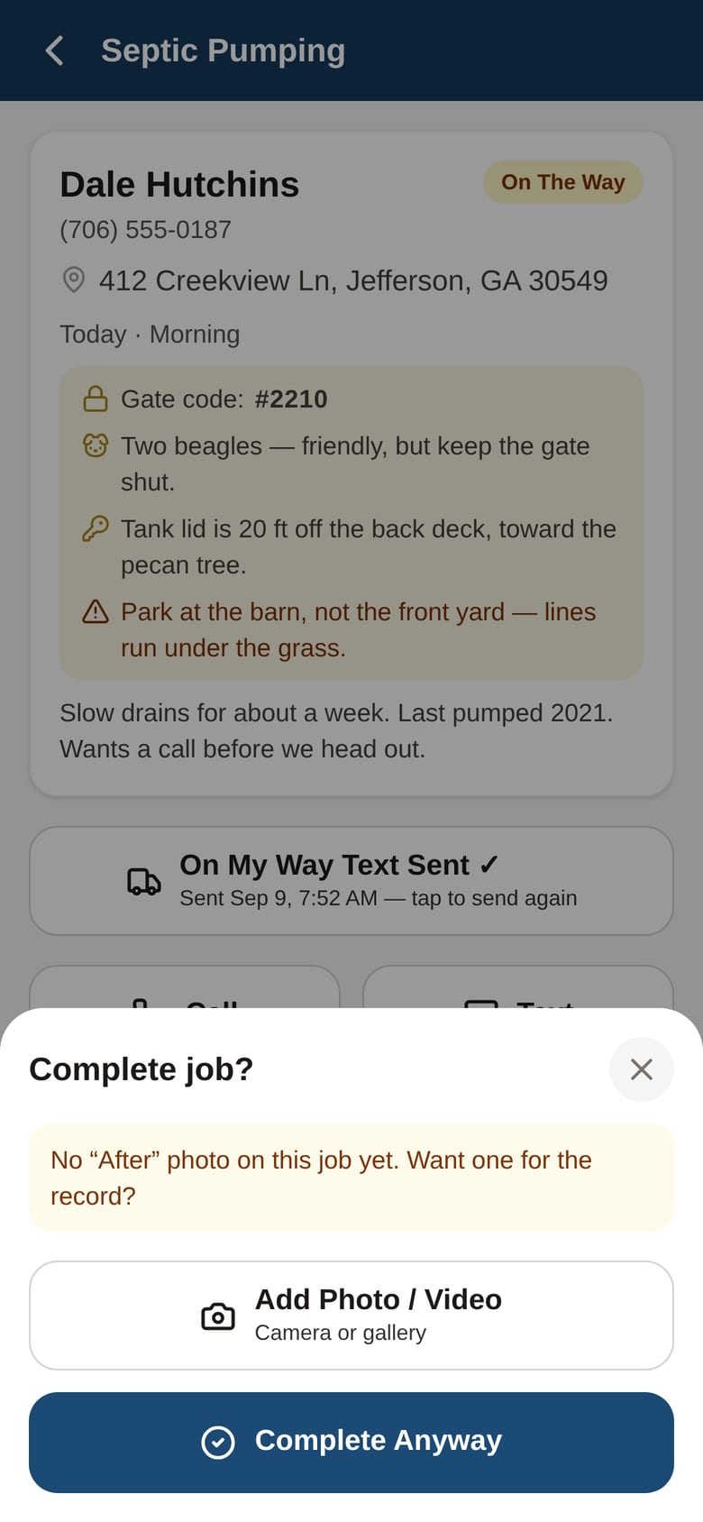 No After photo yet — want one for the record? Add it or complete anyway.