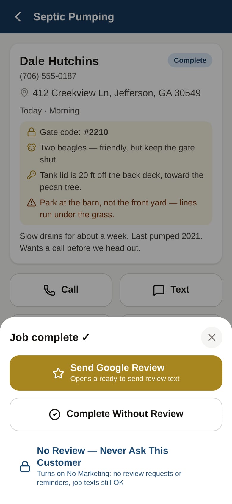 Send Google Review opens a ready-to-send text. Or never ask this customer — one tap turns on No Marketing.