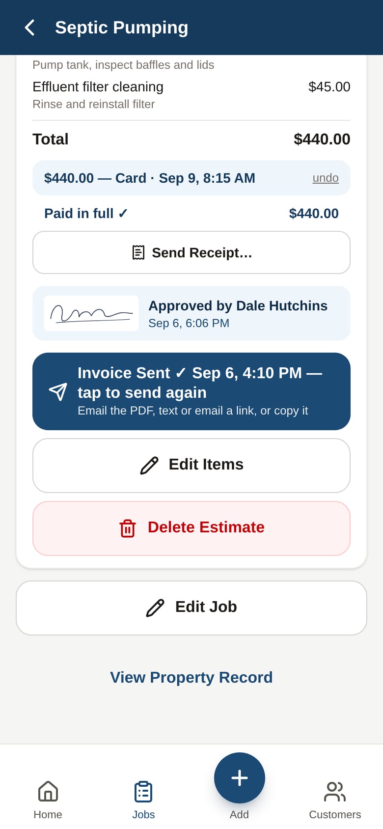 The ledger on the invoice, the signature, and Send Receipt any time they ask for a copy.