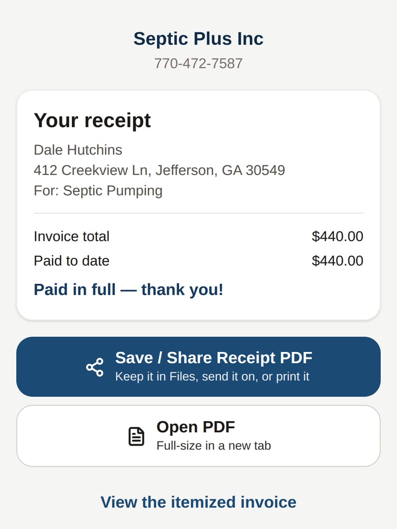 Paid to date, balance, Save or Share PDF. Built from the same record the office sees.