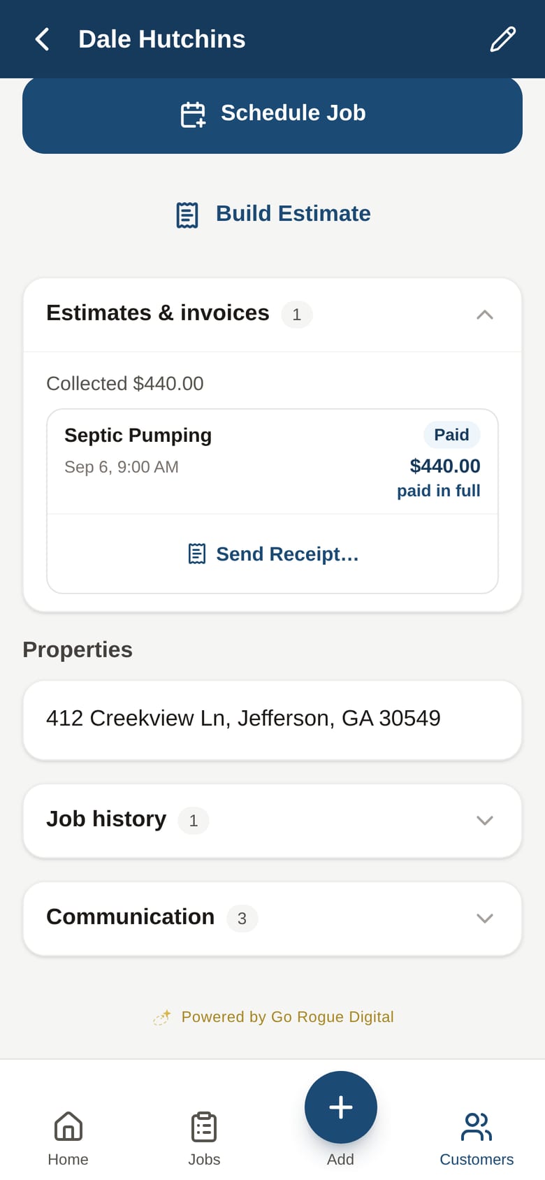 The customer's billing history: every estimate, invoice, and payment, with Send Receipt right there for the next time they call.