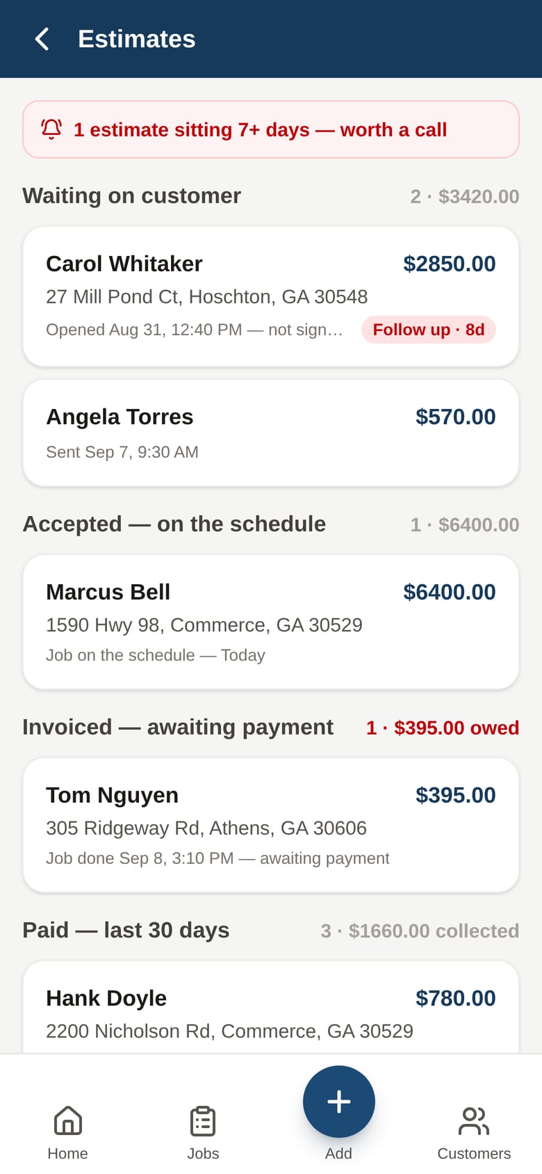 One job moved to Paid. Another is on the schedule. A third still needs a call.