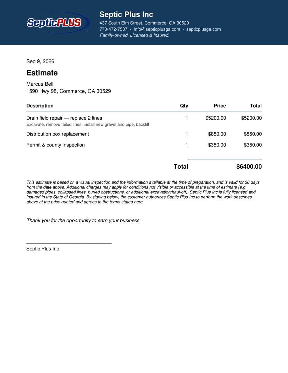 Your letterhead, itemized, with your terms. Built on the phone in under a second.