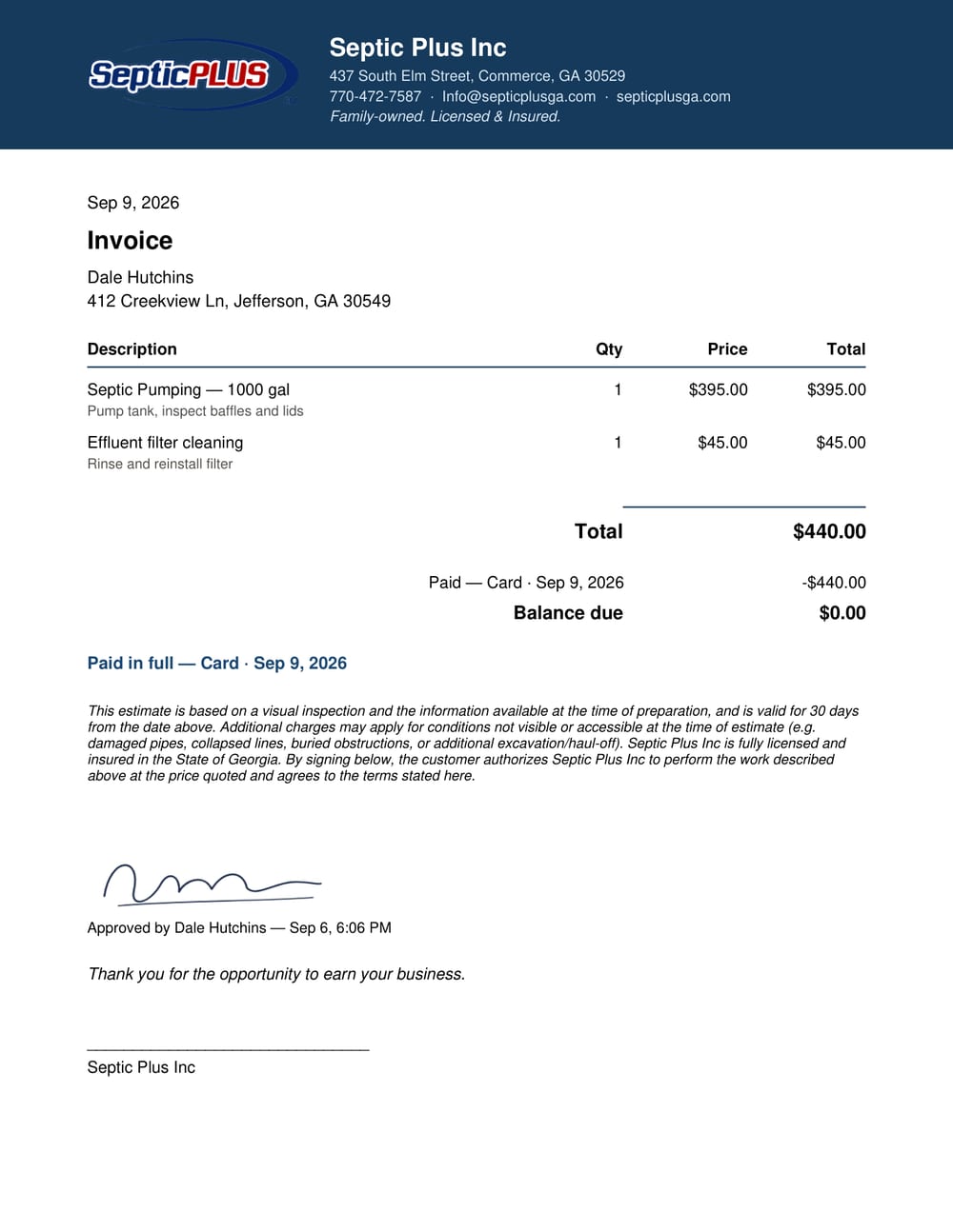Same letterhead as the estimate, now with the payment line and the balance.